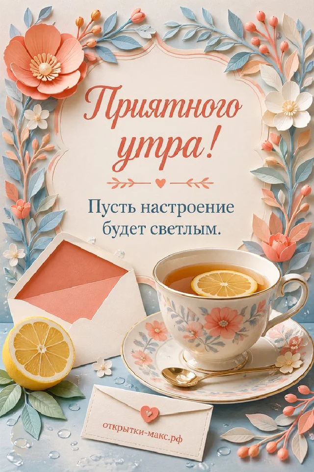 Кружка горячего напитка, миска со свежими ягодами и зажжённые свечи на столе, акварель, надпись «Приятного утра» — вариант 2