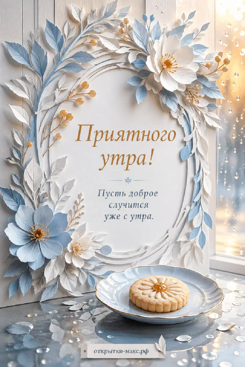 Объёмные лепные белые и голубые цветы вокруг овальной рамки с тарелкой печенья на мраморном столе