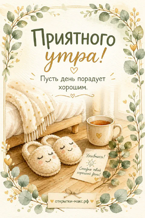 Пушистые тапочки-медвежата у кровати рядом с чашкой чая и запиской «Улыбнись» на полу