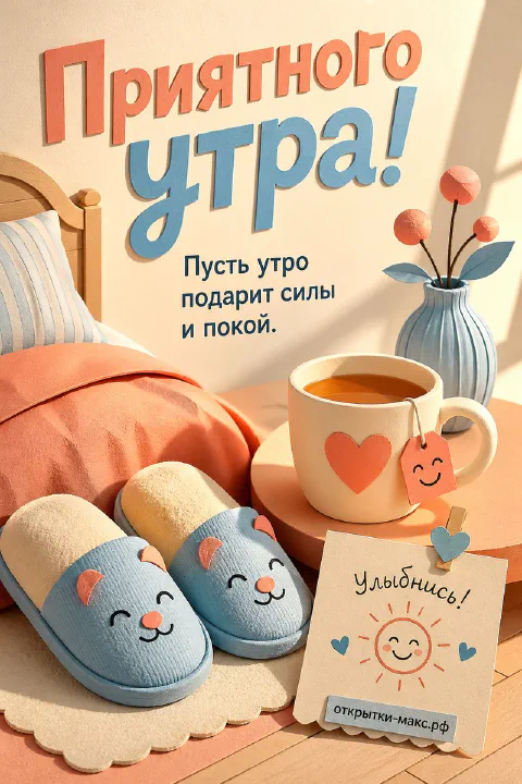 Синие тапочки-котики с кружкой чая с сердечком и запиской Улыбнись у кровати с оранжевым бельём