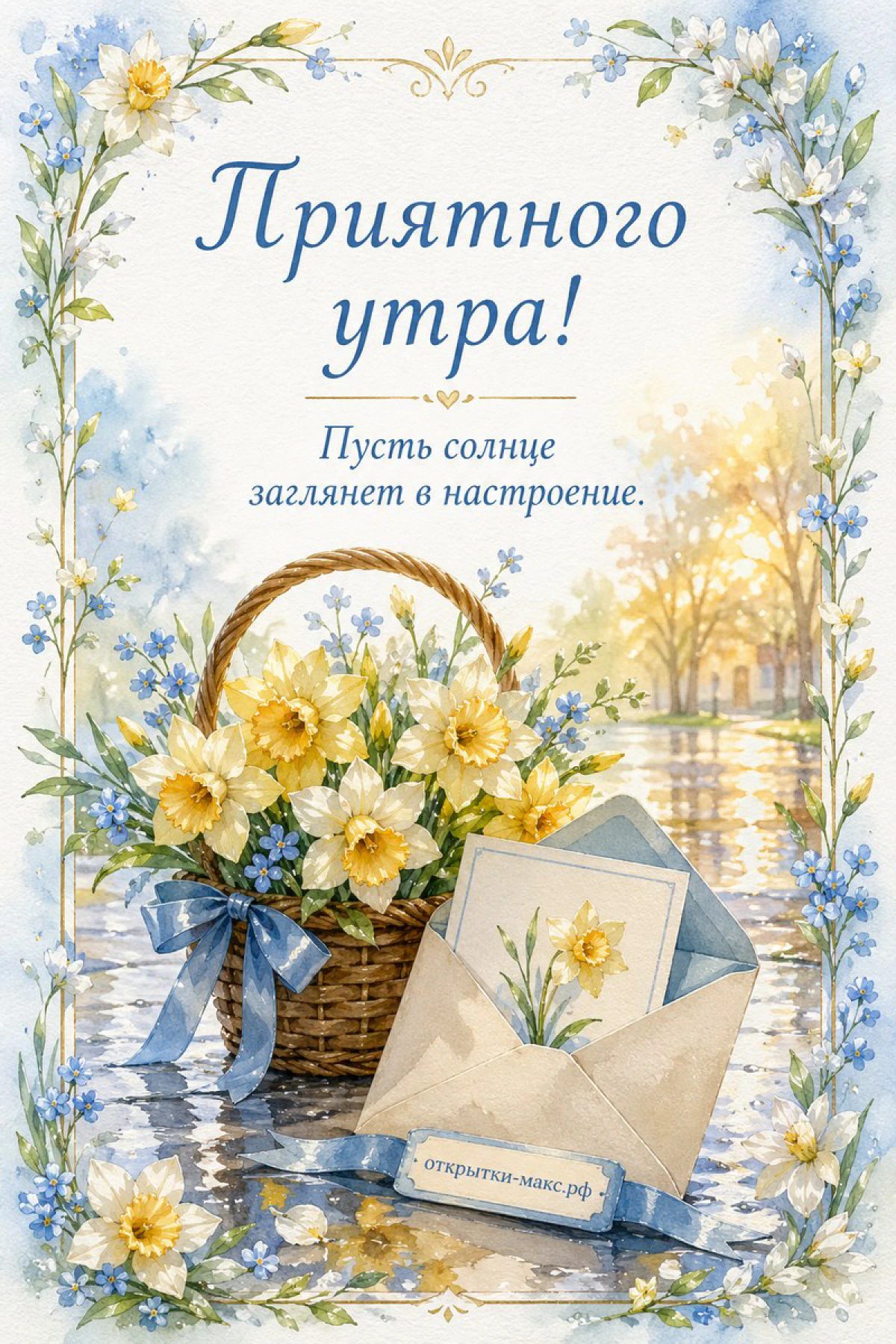 Корзина жёлтых нарциссов с голубым конвертом на фоне весеннего парка с незабудками по краям