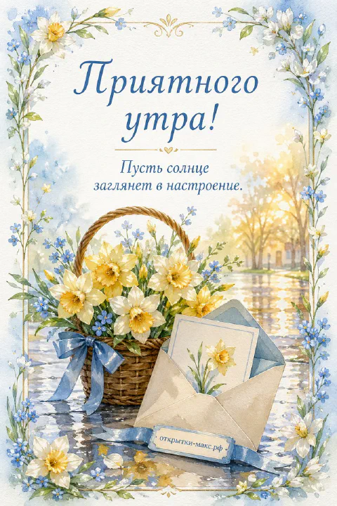 Корзина жёлтых нарциссов с голубым конвертом на фоне весеннего парка с незабудками по краям