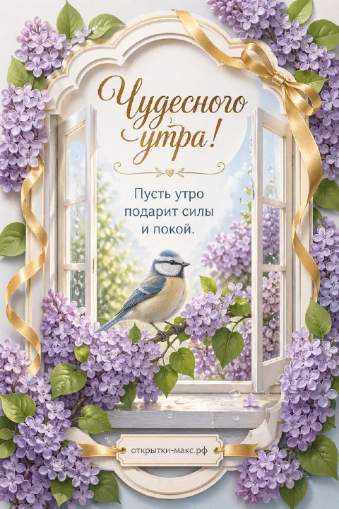 Синичка сидит на ветке цветущей сирени у белого арочного окна с золотой лентой, надпись Чудесного утра