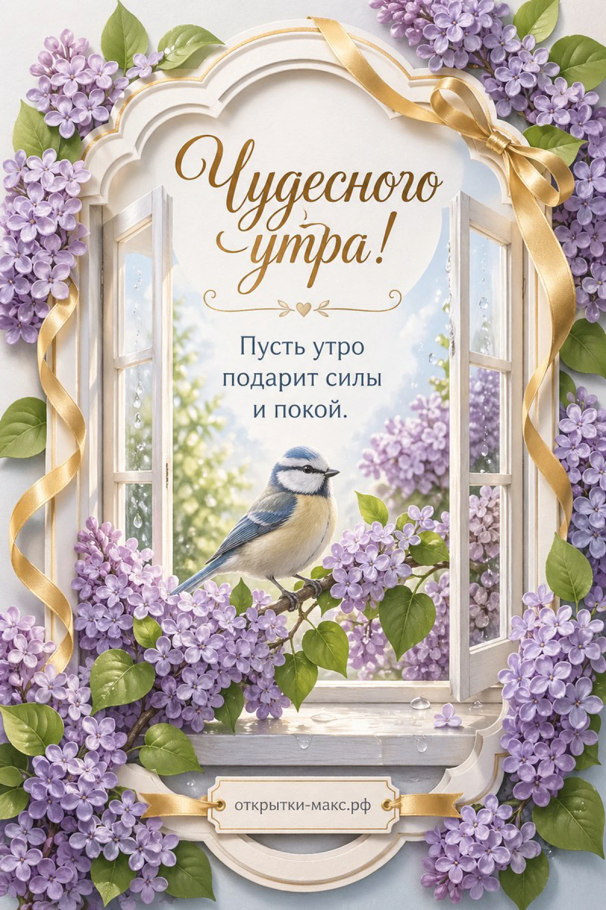 Синичка сидит на ветке цветущей сирени у белого арочного окна с золотой лентой, надпись Чудесного утра