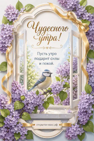 Синичка сидит на ветке цветущей сирени у белого арочного окна с золотой лентой, надпись Чудесного утра