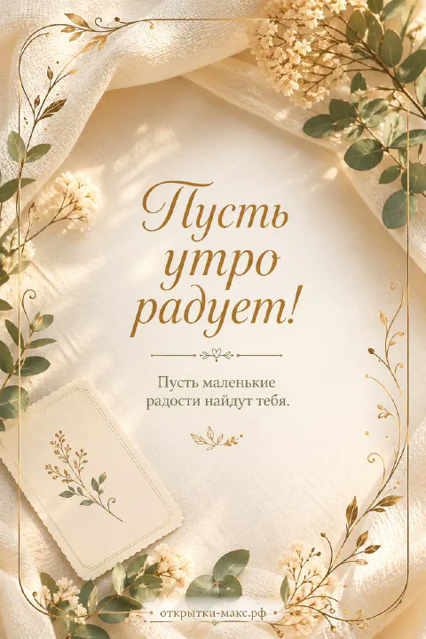 Открытка с белыми сухоцветами и золотистыми веточками на кремовом фоне с надписью «Пусть утро радует»