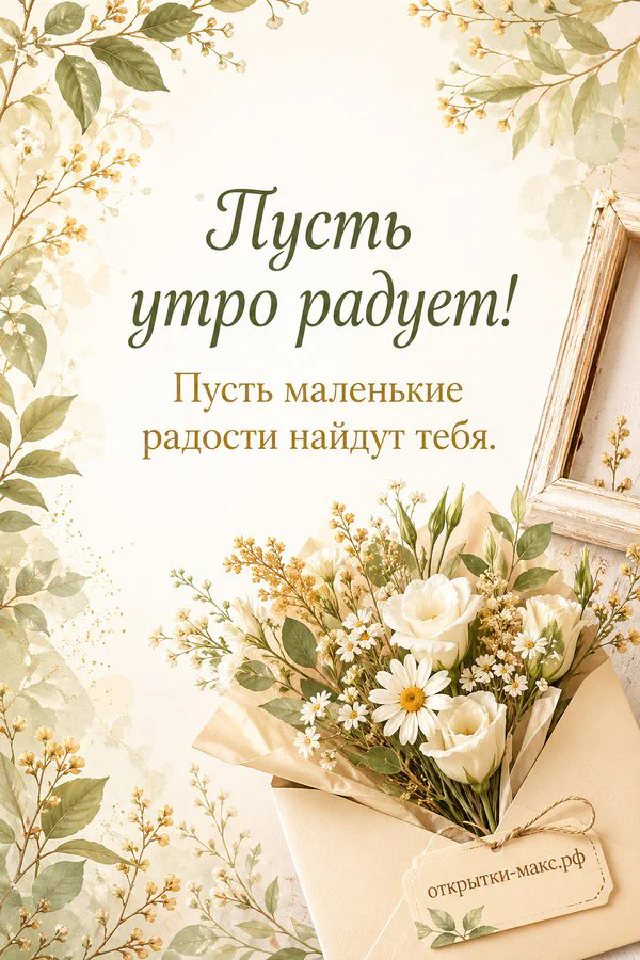 Открытка с белыми сухоцветами и золотистыми веточками на кремовом фоне с надписью «Пусть утро радует» — вариант 2