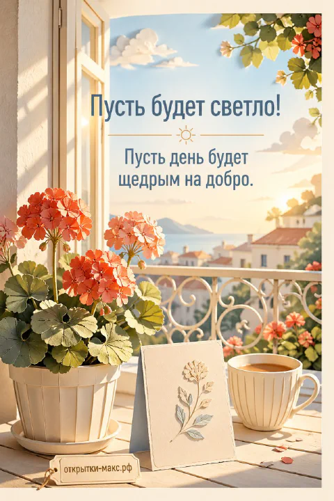 Балкон с алой геранью в горшке, чашкой кофе и открыткой с цветком на фоне города с синим небом