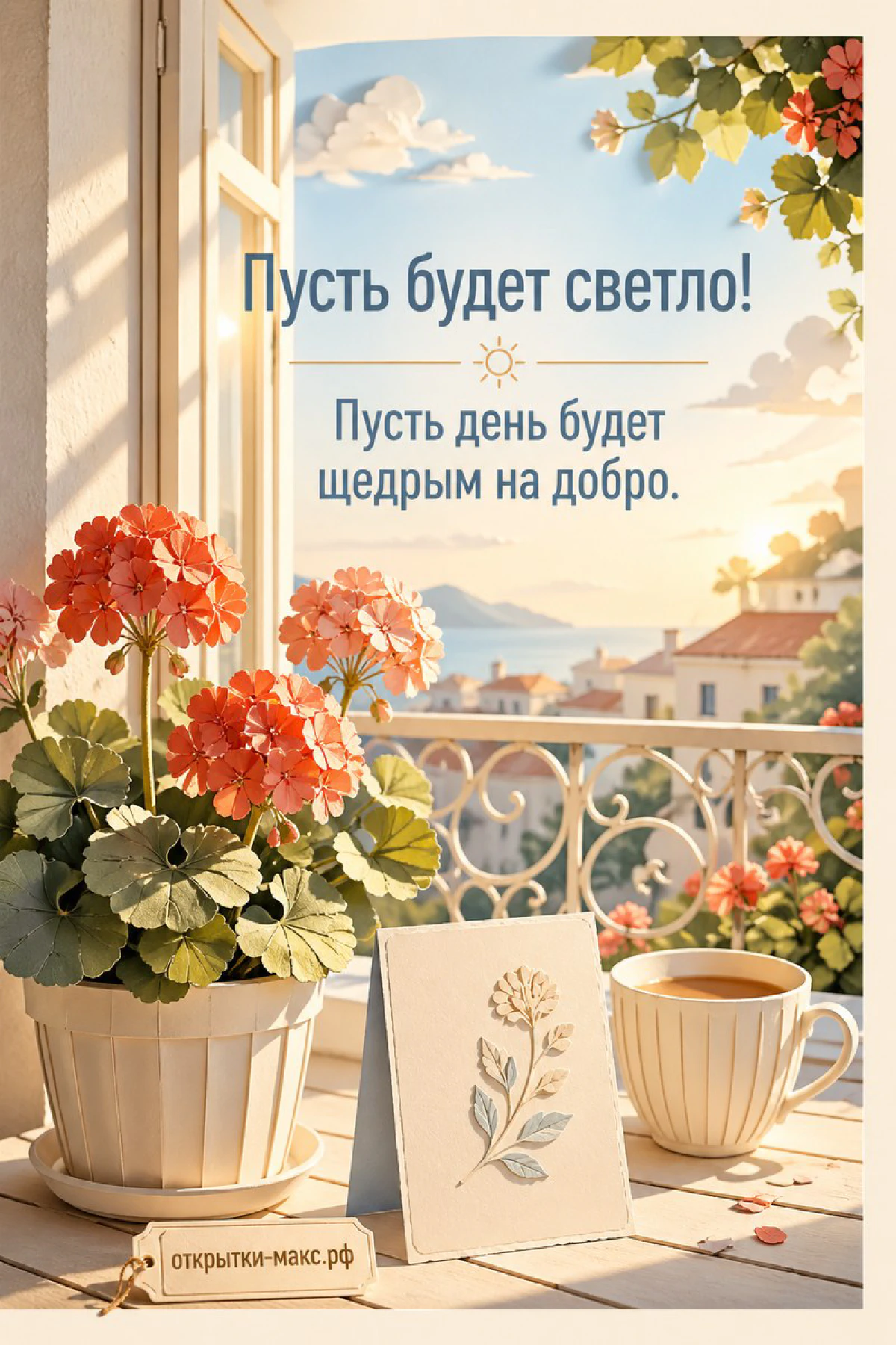 Балкон с алой геранью в горшке, чашкой кофе и открыткой с цветком на фоне города с синим небом