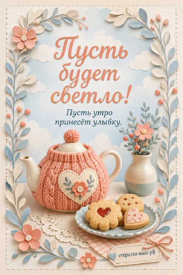 Букет ромашек с голубой лентой и белый конверт-открытка на фоне солнечной улицы, надпись «Пусть будет светло!» — вариант 3