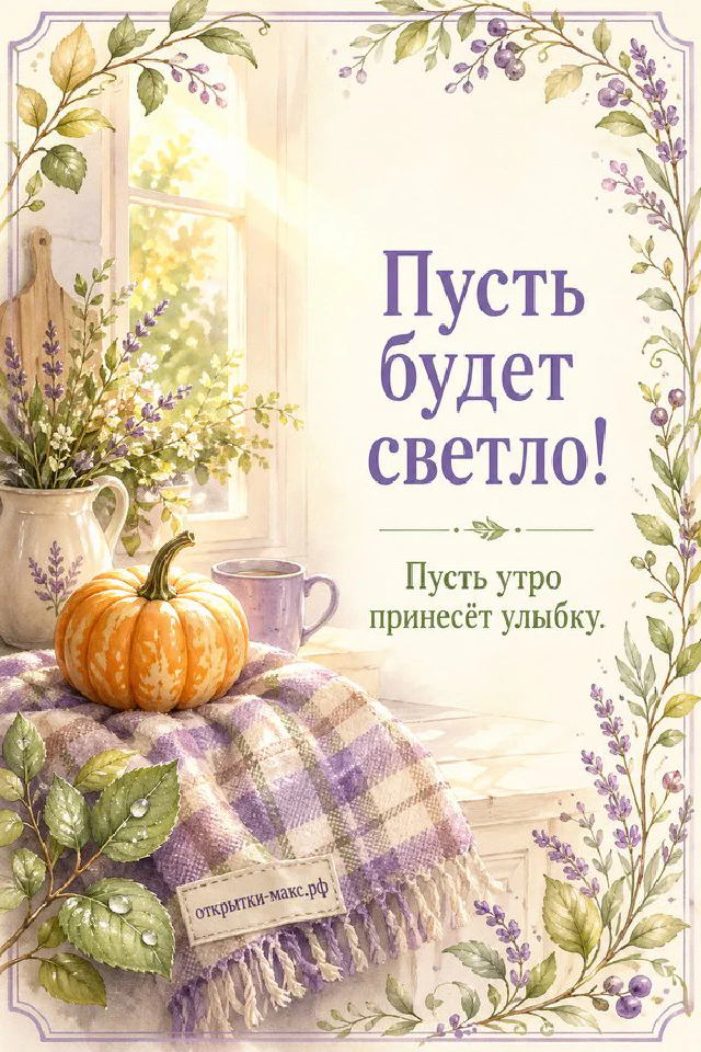 Букет ромашек с голубой лентой и белый конверт-открытка на фоне солнечной улицы, надпись «Пусть будет светло!» — вариант 6