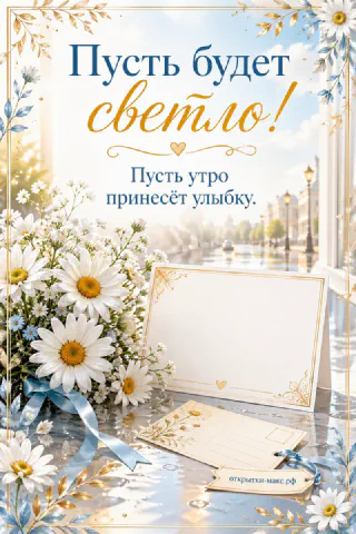 Букет ромашек с голубой лентой и белый конверт-открытка на фоне солнечной улицы, надпись «Пусть будет светло!»