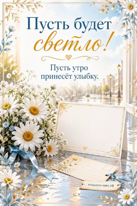 Букет ромашек с голубой лентой и белый конверт-открытка на фоне солнечной улицы, надпись «Пусть будет светло!»