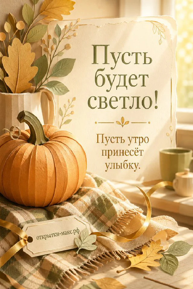 Букет ромашек с голубой лентой и белый конверт-открытка на фоне солнечной улицы, надпись «Пусть будет светло!» — вариант 4