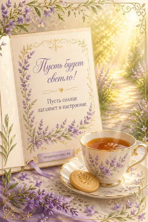 Открытая книга с лавандовым узором, чашка чая с печеньем и бисквитом на столе с лавандой и золотой тропинкой на фоне
