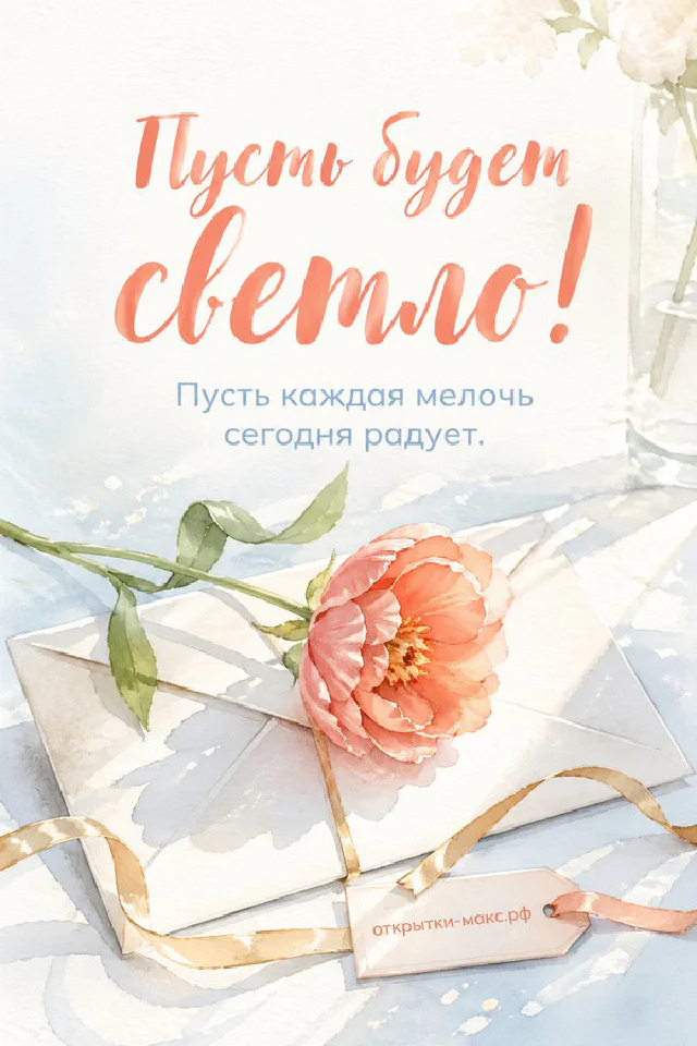 Открытка с чашкой чая на блюдечке и вазой с белыми цветами у солнечного окна с занавеской — вариант 2