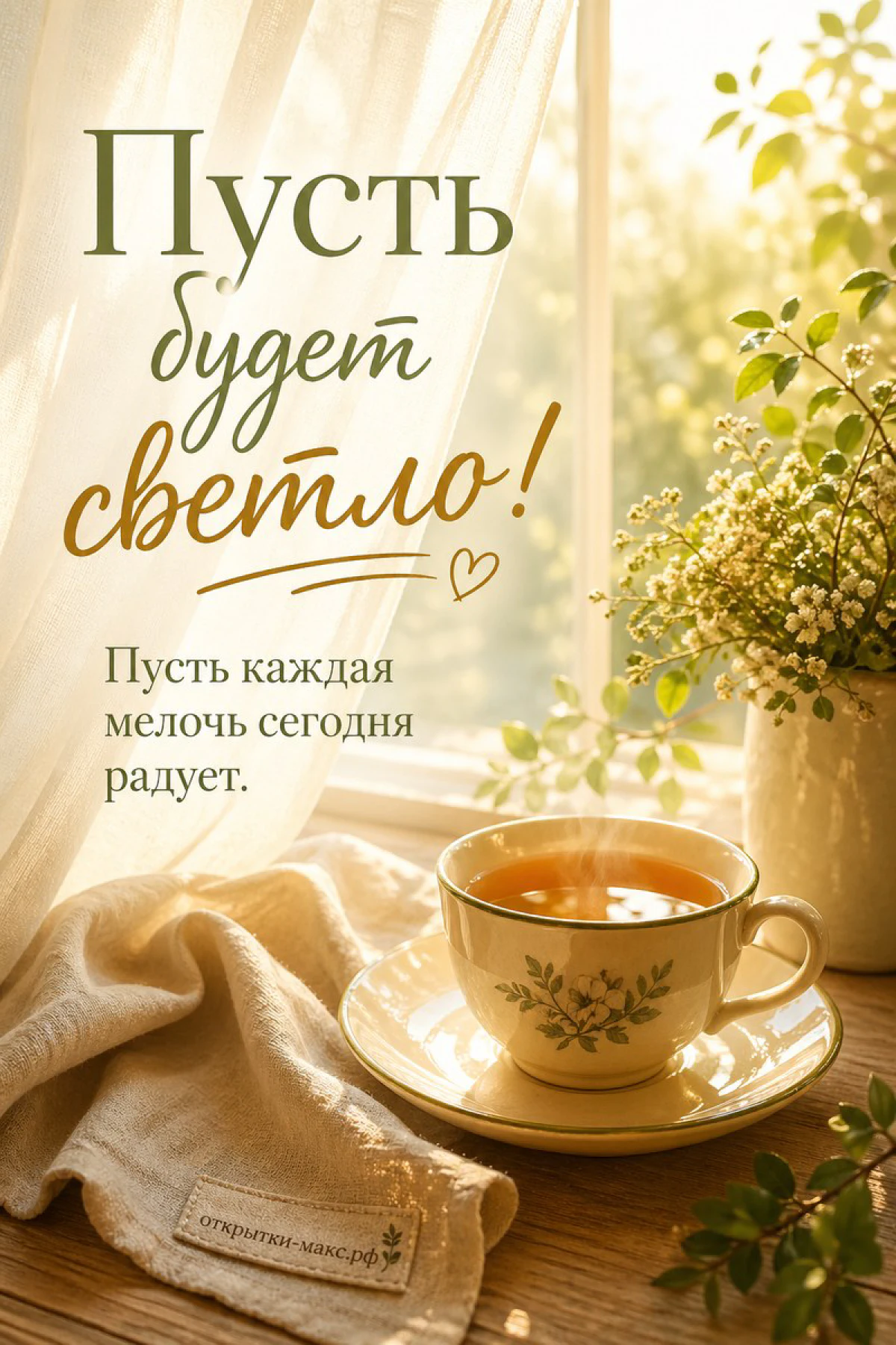 Открытка с чашкой чая на блюдечке и вазой с белыми цветами у солнечного окна с занавеской