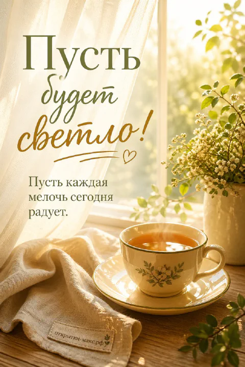 Открытка с чашкой чая на блюдечке и вазой с белыми цветами у солнечного окна с занавеской