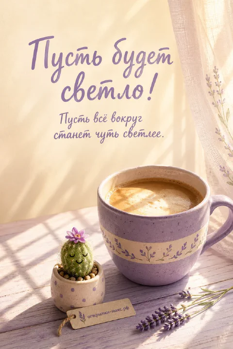Лиловая кружка капучино с пенкой рядом с кактусом в горшке и веточками лаванды на деревянном столе