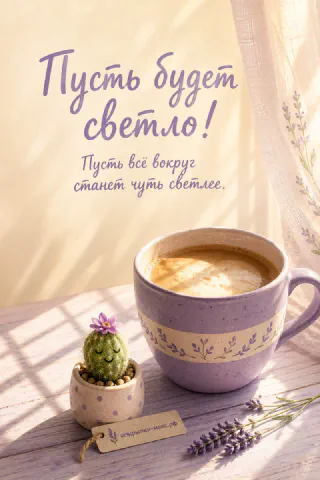 Лиловая кружка капучино с пенкой рядом с кактусом в горшке и веточками лаванды на деревянном столе