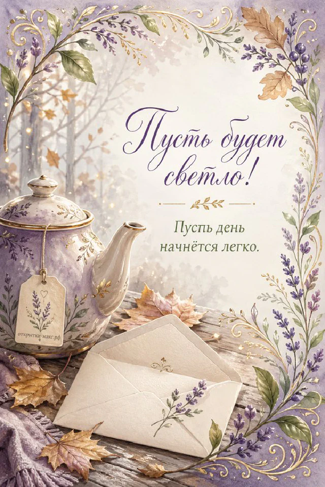 Чашка кофе и домашнее печенье на деревянной доске, надпись «Пусть будет светло», акварель — вариант 2
