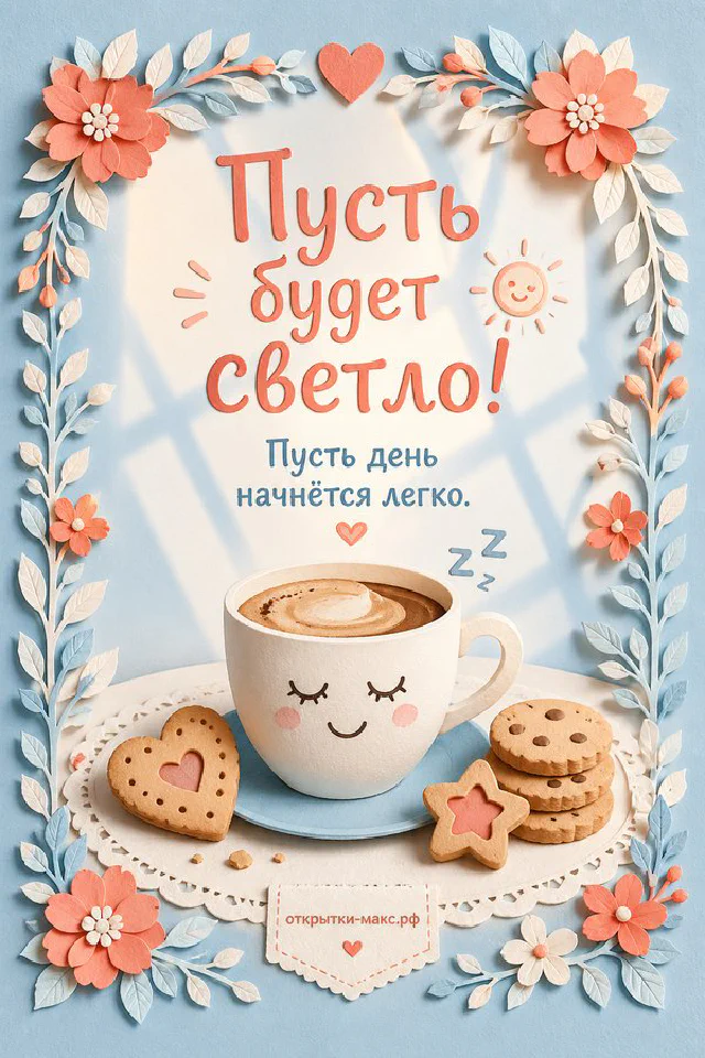 Чашка кофе и домашнее печенье на деревянной доске, надпись «Пусть будет светло», акварель — вариант 3