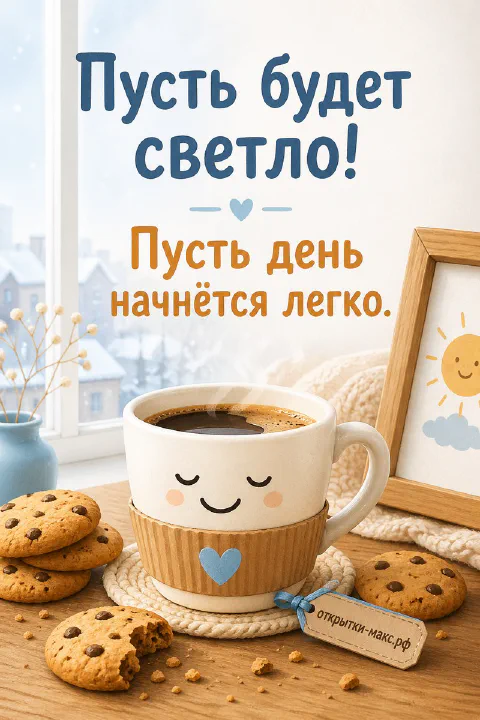 Чашка кофе и домашнее печенье на деревянной доске, надпись «Пусть будет светло», акварель