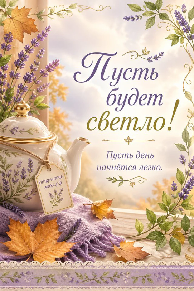 Чашка кофе и домашнее печенье на деревянной доске, надпись «Пусть будет светло», акварель — вариант 5