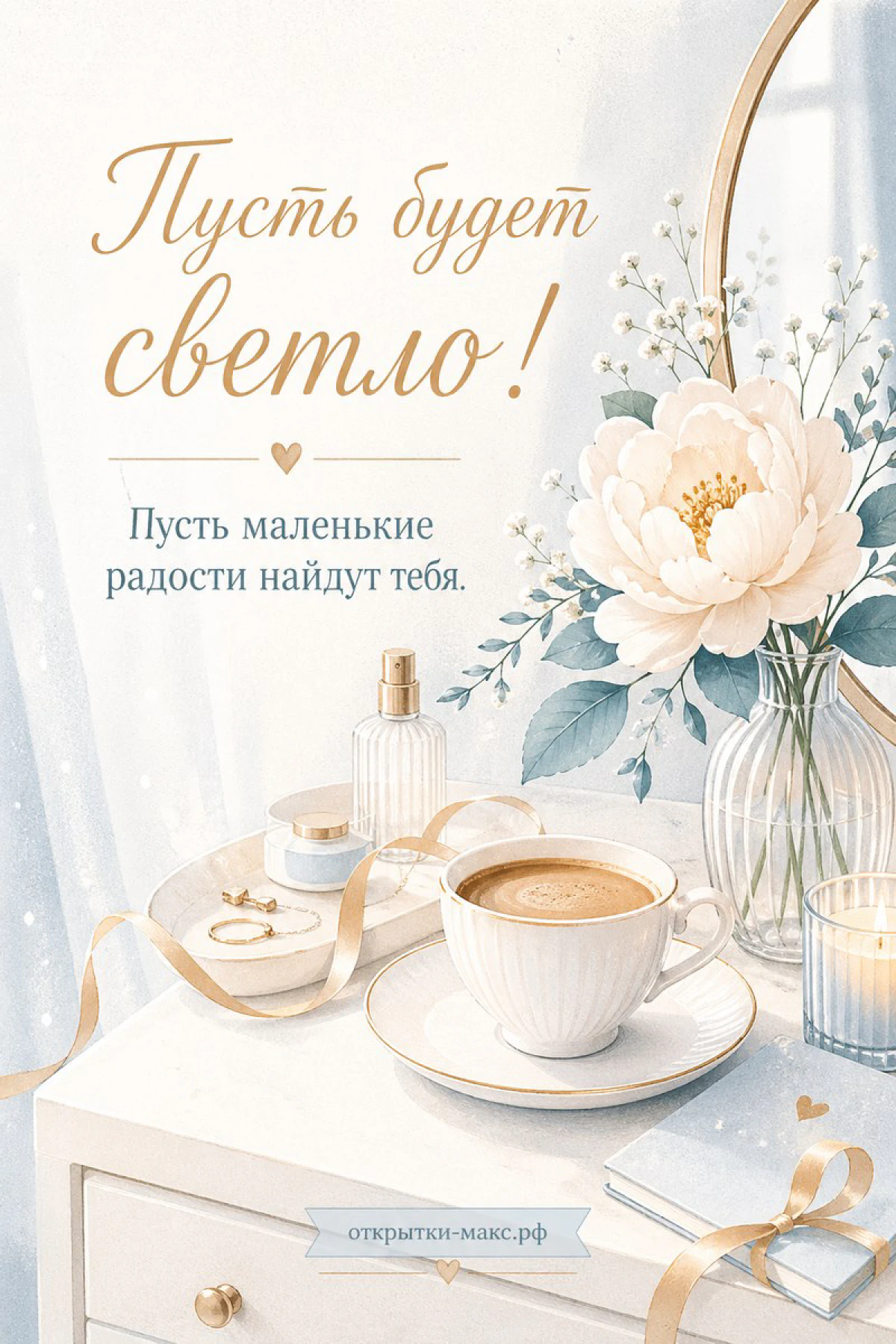 Открытка с чашкой кофе, белым пионом в хрустальной вазе, духами и свечой на белом туалетном столике