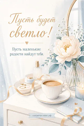 Открытка с чашкой кофе, белым пионом в хрустальной вазе, духами и свечой на белом туалетном столике