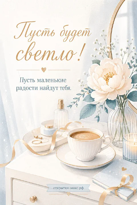 Открытка с чашкой кофе, белым пионом в хрустальной вазе, духами и свечой на белом туалетном столике