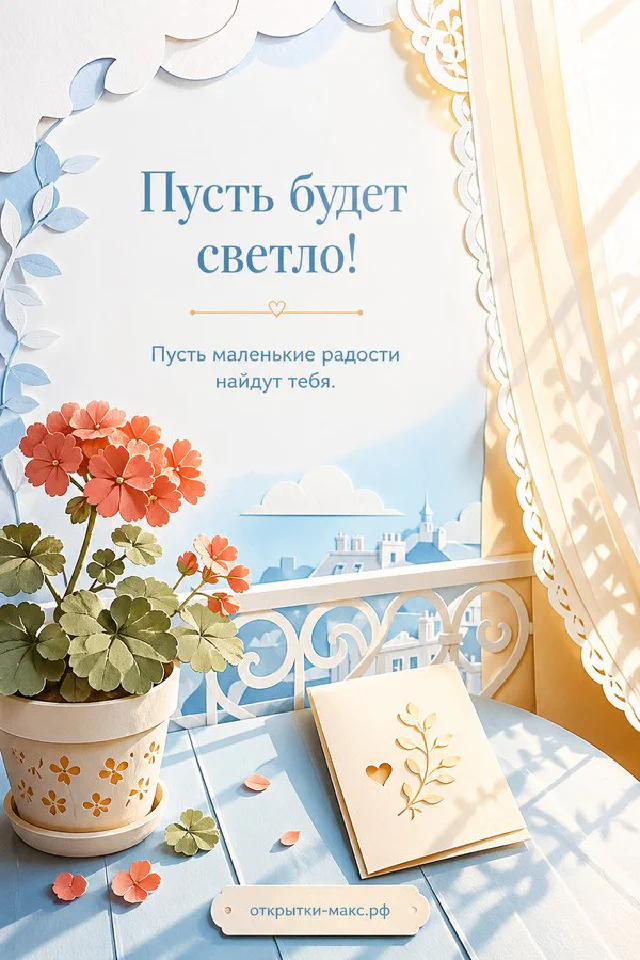 Открытка с чашкой кофе, белым пионом в хрустальной вазе, духами и свечой на белом туалетном столике — вариант 2