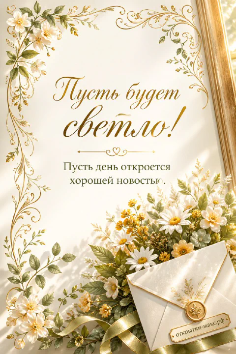 Открытка с букетом ромашек и жёлтых цветов, конвертом с восковой печатью в золотой рамке с орнаментом