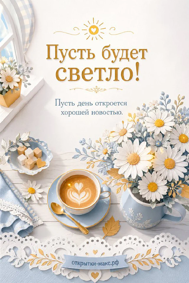 Открытка с букетом ромашек и жёлтых цветов, конвертом с восковой печатью в золотой рамке с орнаментом — вариант 2