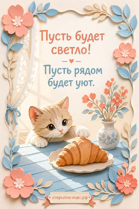 Рыжий котёнок тянется лапкой к круассану на тарелке на голубом столе, вокруг бумажная рамка из цветов