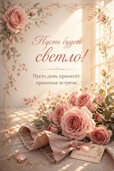 Пышные розовые розы с бутонами и зеленью на светло-бежевом фоне с золотой рамкой из завитков