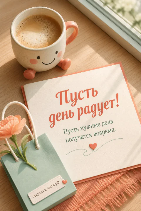 Кружка кофе с нарисованным улыбающимся лицом рядом с зелёной подарочной сумкой с розовым цветком