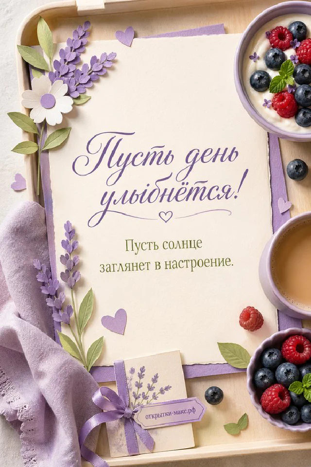 Иллюстрированная открытка с золотым будильником с мигающим глазом, торчащим из стакана кофе в обрамлении листиков — вариант 2