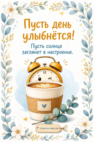Иллюстрированная открытка с золотым будильником с мигающим глазом, торчащим из стакана кофе в обрамлении листиков