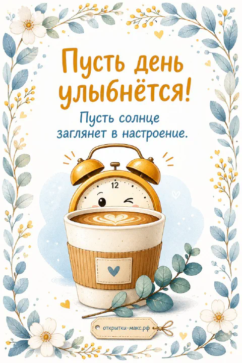 Иллюстрированная открытка с золотым будильником с мигающим глазом, торчащим из стакана кофе в обрамлении листиков