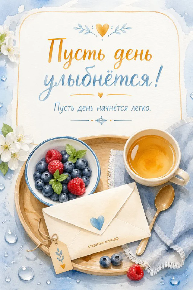 Акварельная открытка с деревянным подносом, круассаном, кофе, ягодами и конвертом, украшенным незабудками — вариант 2
