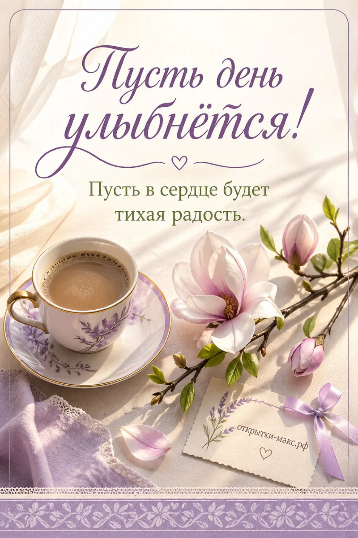 Фарфоровая чашка кофе с блюдцем рядом с веткой розовой магнолии и запиской с сердечком на кремовом фоне
