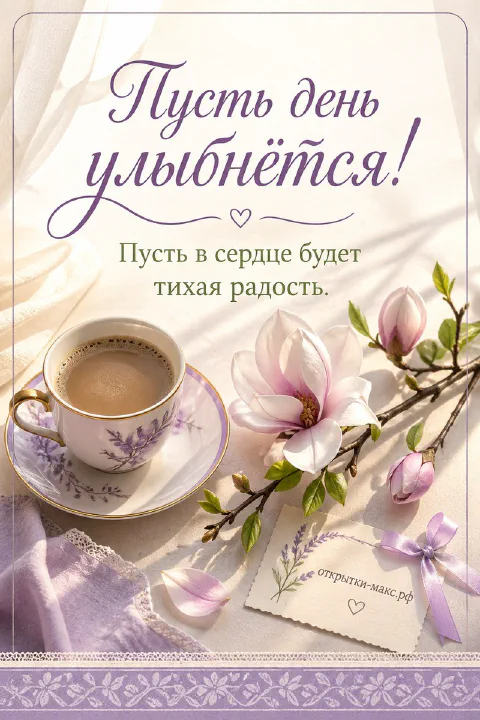 Фарфоровая чашка кофе с блюдцем рядом с веткой розовой магнолии и запиской с сердечком на кремовом фоне