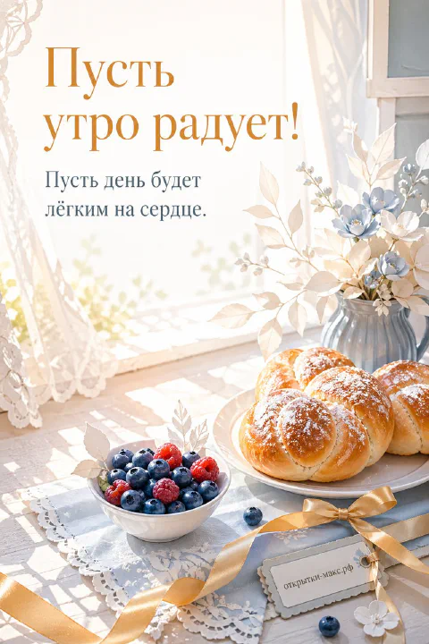Открытка с плетёными булочками на тарелке, черникой, малиной, голубыми цветами в вазе у светлого окна