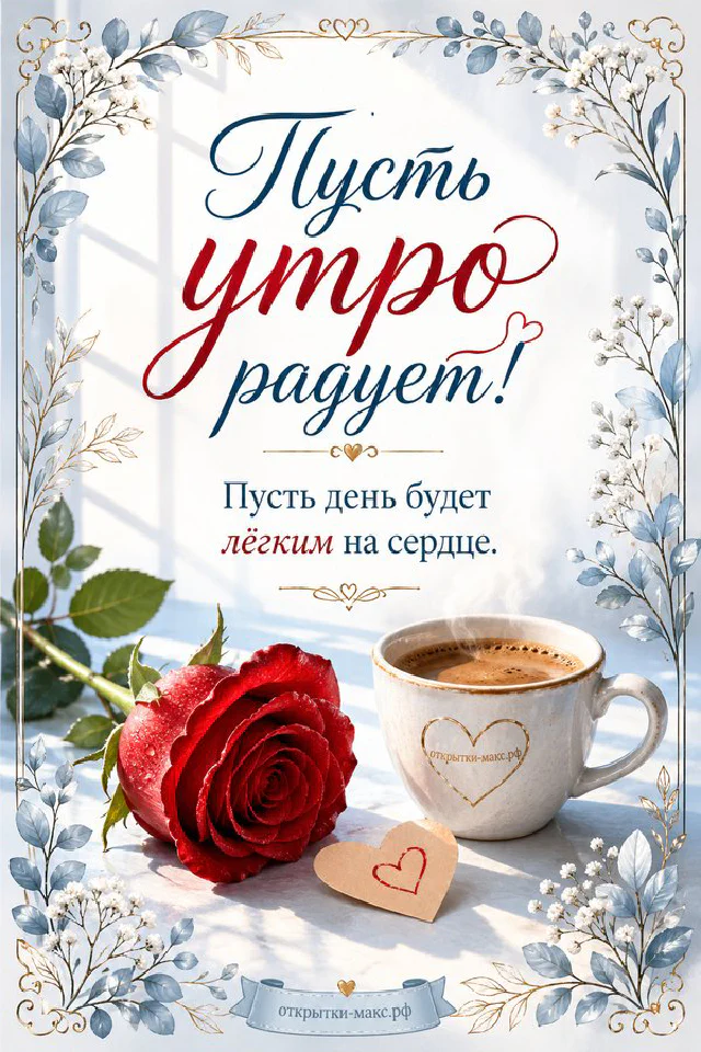 Открытка с плетёными булочками на тарелке, черникой, малиной, голубыми цветами в вазе у светлого окна — вариант 2