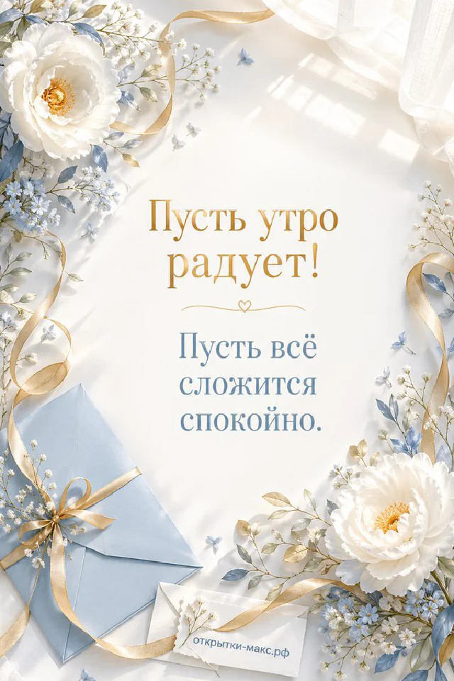 Чашка травяного чая и веточка лаванды на льняной скатерти, надпись «Пусть утро радует», акварель — вариант 5