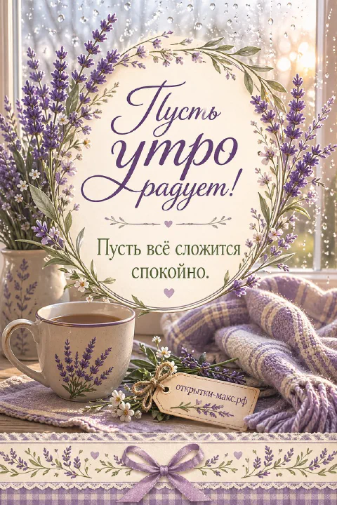 Чашка травяного чая и веточка лаванды на льняной скатерти, надпись «Пусть утро радует», акварель