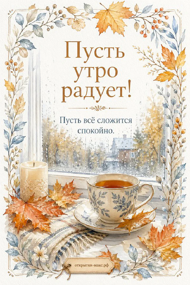Чашка травяного чая и веточка лаванды на льняной скатерти, надпись «Пусть утро радует», акварель — вариант 4