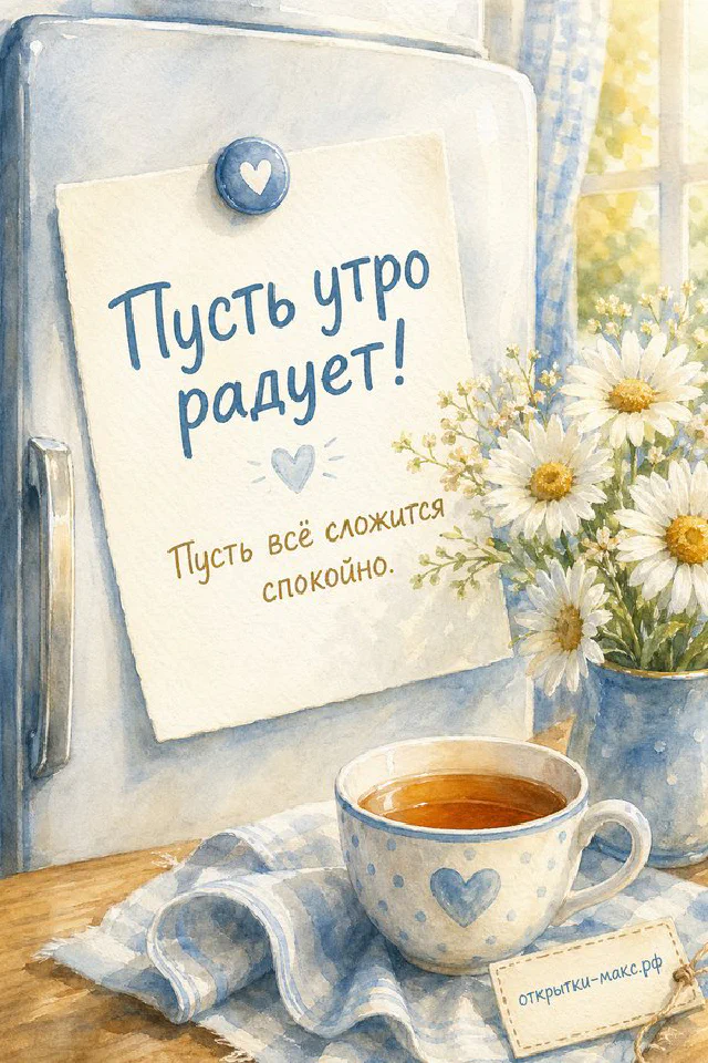 Чашка травяного чая и веточка лаванды на льняной скатерти, надпись «Пусть утро радует», акварель — вариант 6