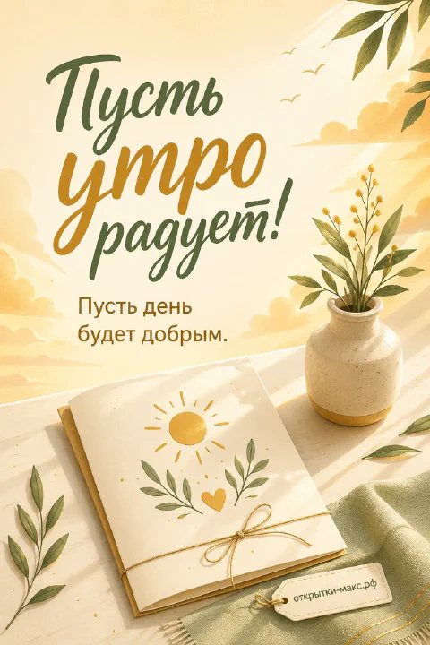 Раскрытая книга с нарисованным солнышком и сердечком, рядом ваза с мимозой и зелёный плед, надпись «Пусть утро радует!»